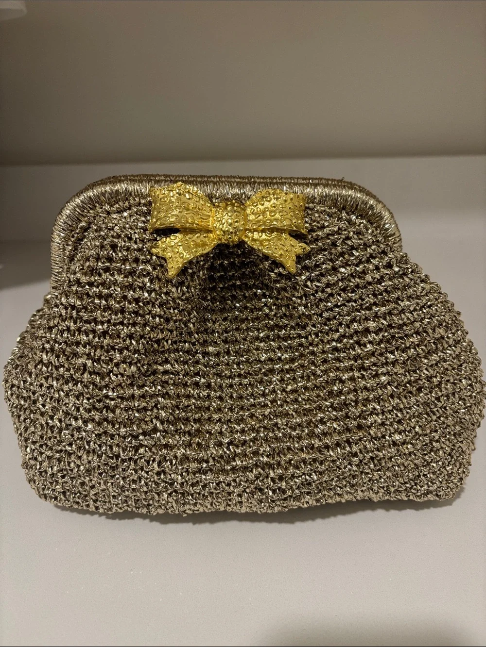 NWT Monkees of Winter Park Metallic Gold Bow Accent Clutch